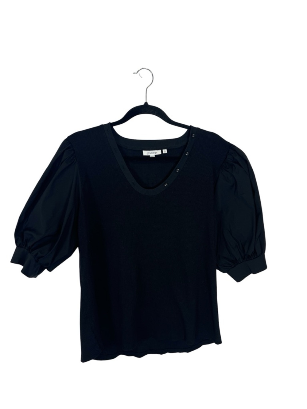 Chicos black v neck puff sleeve short sleeve top size 3 - Picture 2 of 9